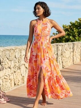 Abel The Label Maxi Dress Pink Orange Floral Cut Out Open Back Boho Sundress M